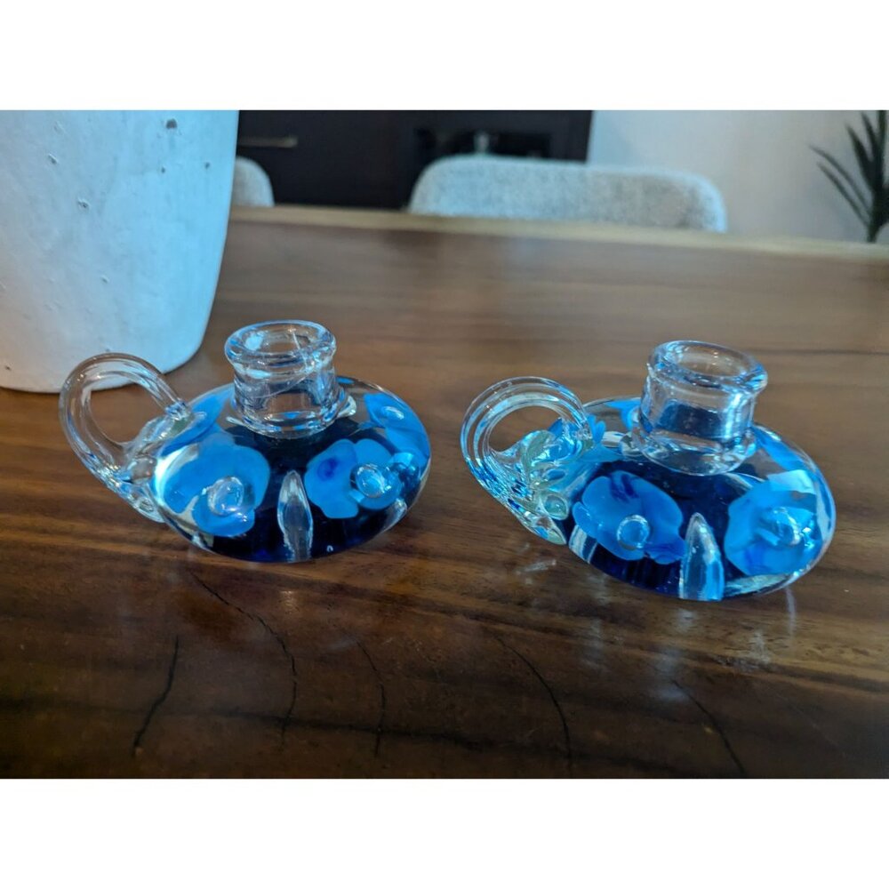 Vintage Set of 2  Joe St. Clair Glass Candle Holders cobalt blue Flowers